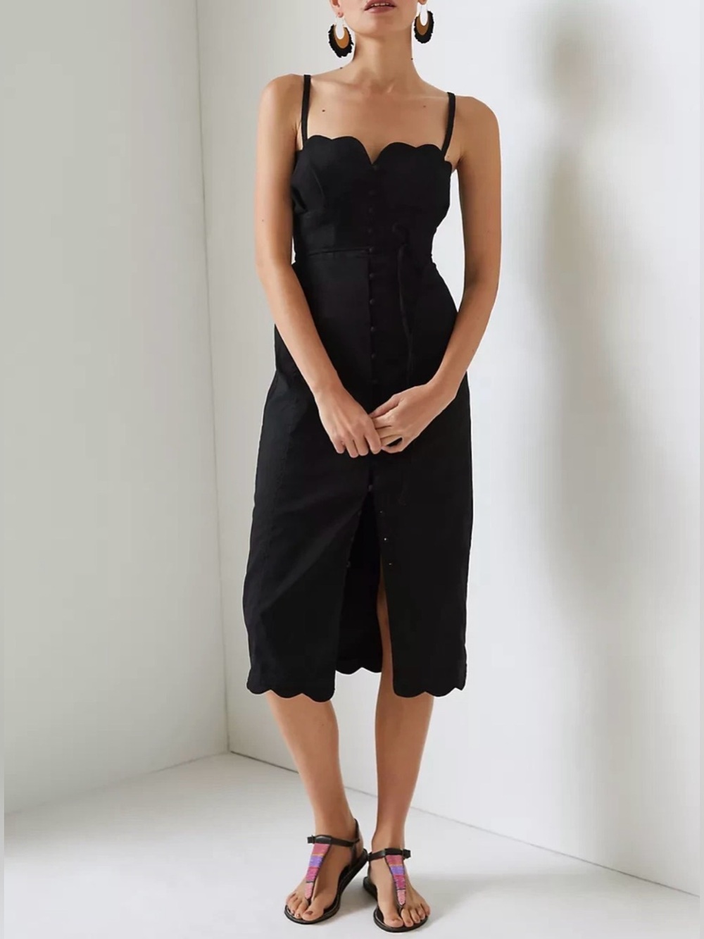 Anthropologie Scalloped Linen Corset Midi Dress Black Sz 10 EUC